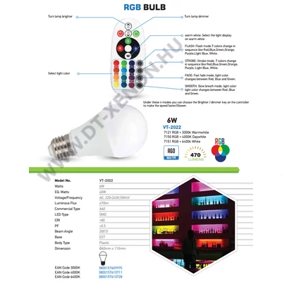 V-TAC E27 RGB+W LED 6W (=40W) infra távirányítóval VT-2022 / SKU-7121