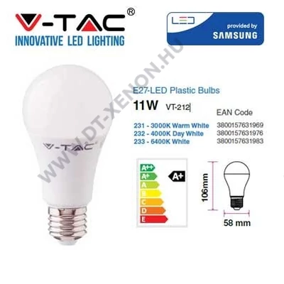 V-TAC E27 LED 11W (=75W) 3000K VT-212 / SKU-231